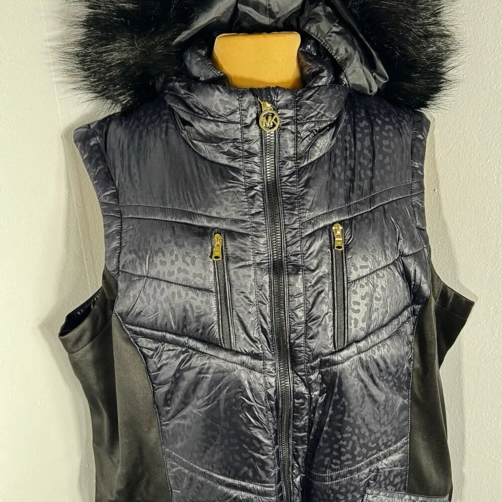 Michael Kors Sz 3XL Puffer Vest Faux Fur Detachable Hood Black Gold Hardware
